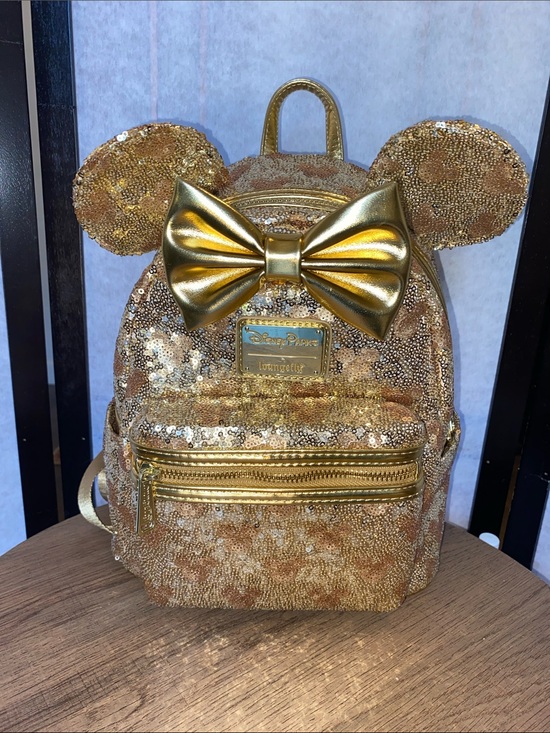 Disney Handbags - Loungefly Disney Parks Minnie Mouse gold sequin backpack with hidden mickeys NWT